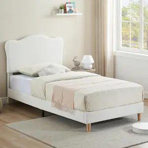 Twin Size Boucle Upholstered Bed Frame with Adjustable Headboard, Rounded Edges, Strong Wood Slats, Noise-Free Platform, Quick Setup, No Box Spring Needed, Beige Bed Frame for Kids