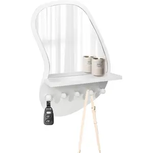Wall Mount Wood Frame Irregular Mirror with 5 Wooden Hooks and Shelf, Modern Decorative Hanging Mirror for Entryway, Bedroom, Living Room (16″ x 12″, White)