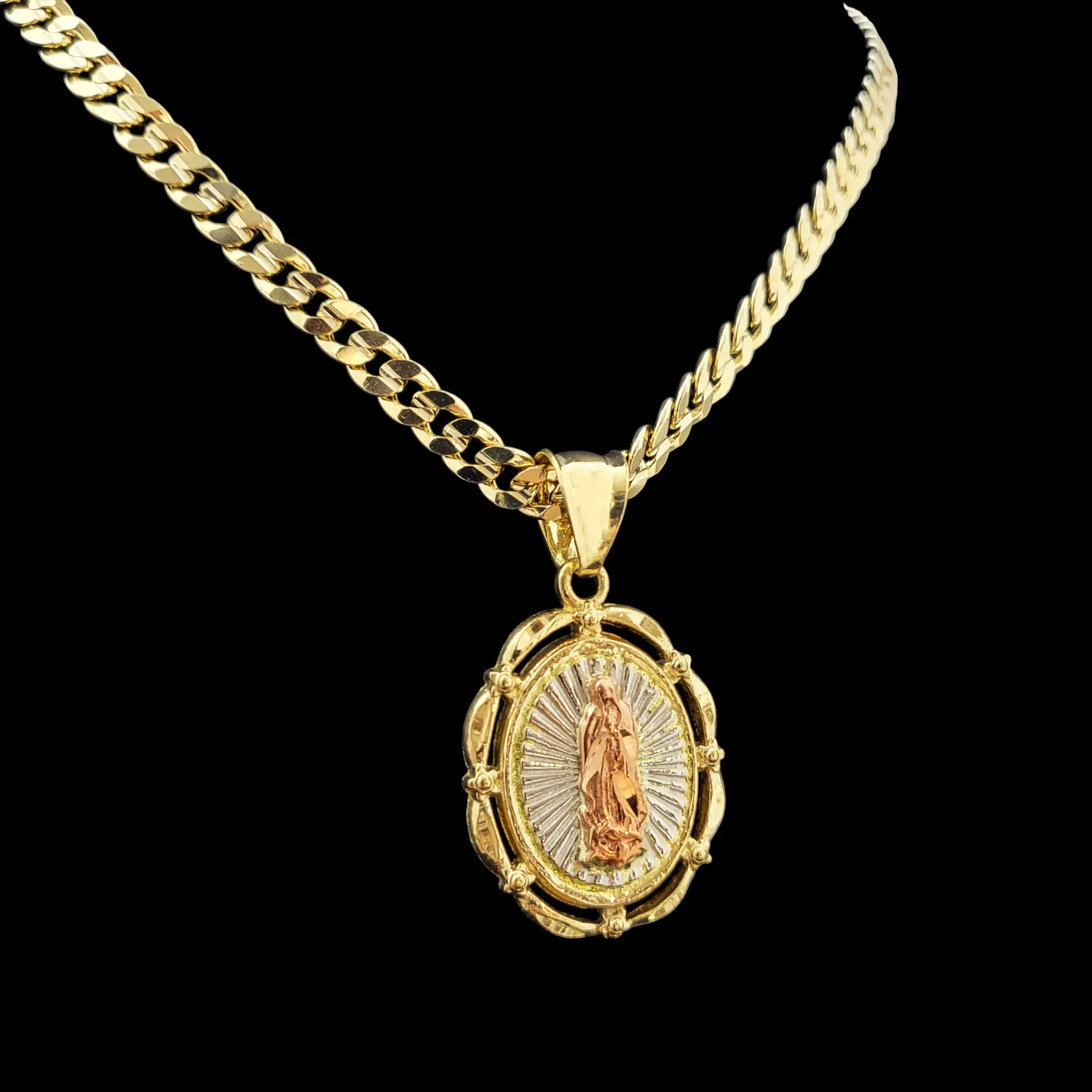 MaxBling81 Guadalupe Holy Virgin Mother Mary Oval 2-Tone Religious Pendant Necklace, 14K-Stamped 5mm Brass Miami Cuban Chain (20in/24in), Unisex Hip Hop High-End Costume Jewelry for Daily Wear