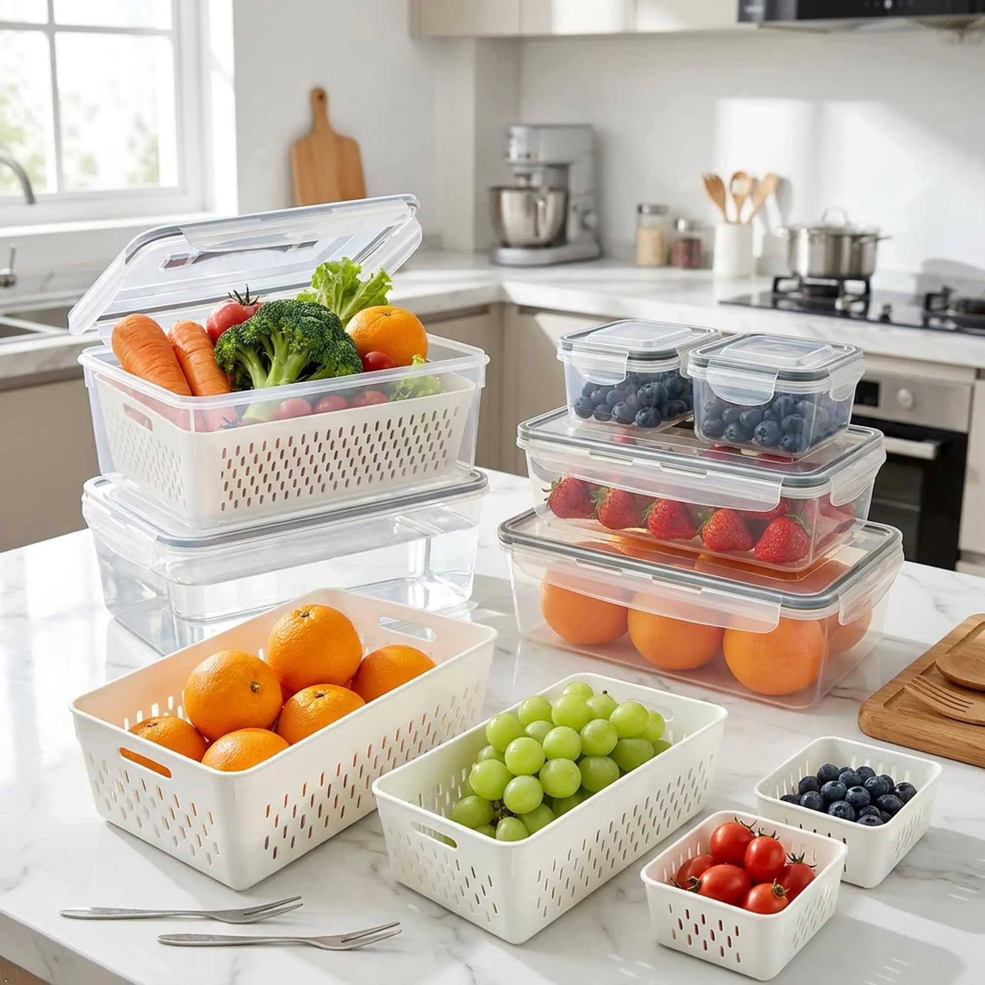 Large Fruit Containers for Fridge, Stackable Food Storage Containers with Removable Colander, BPA-Free, Airtight Storage Container to Keep Fruits, Vegetables, Berry, Meat Fresh longer