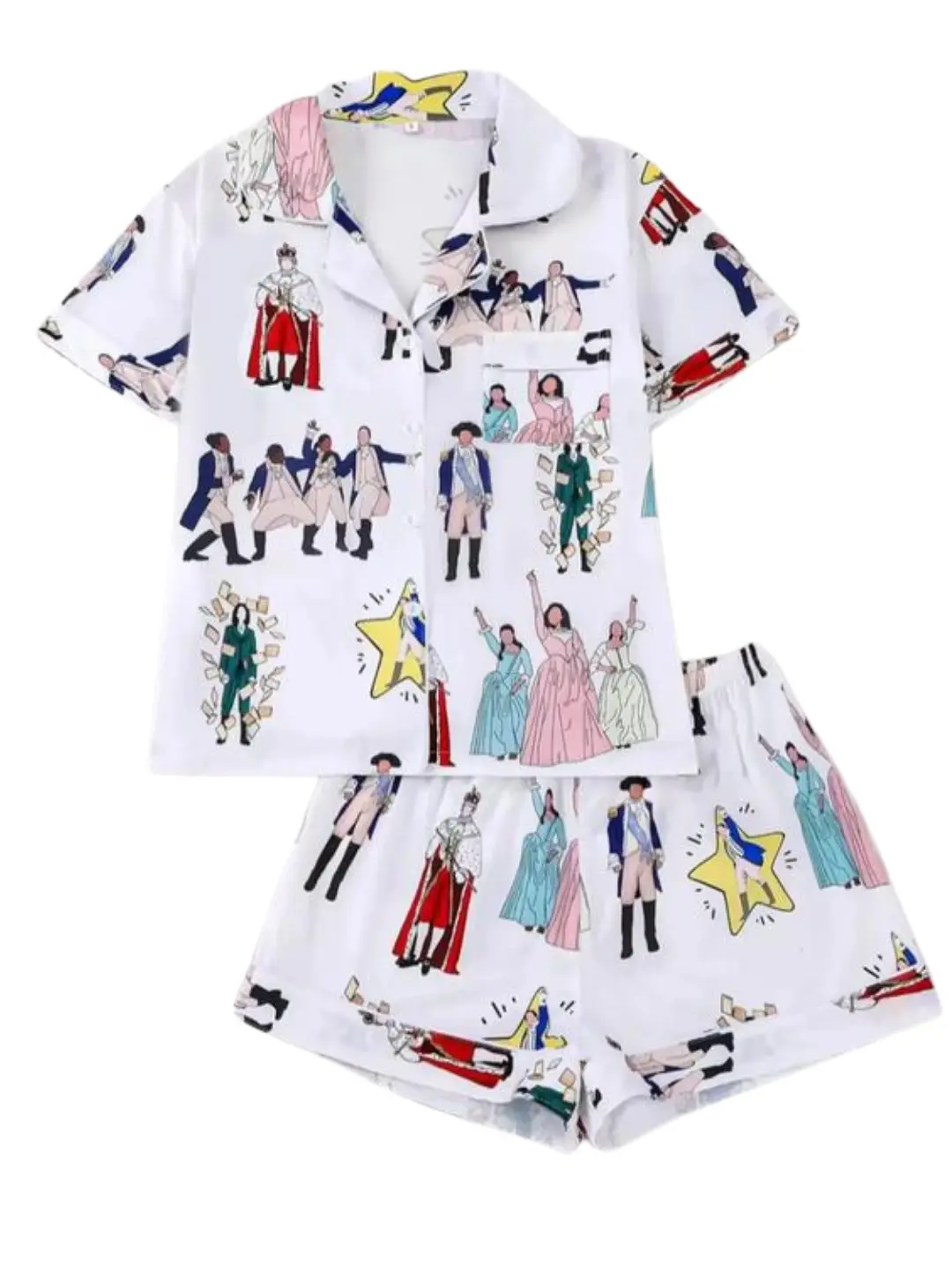 Hamilton Musical Themed Women's Pajama Set, Short Sleeve Shirt Collar Button Soft Top & Elastic Shorts, Casual Home Wear, Print