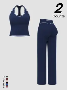 Women's Quick-Dry Colorblock Sports Bra Tank Top, High-Waisted Vintage Straight Leg Pants, Outdoor Fitness Yoga Casual Sportswear Set