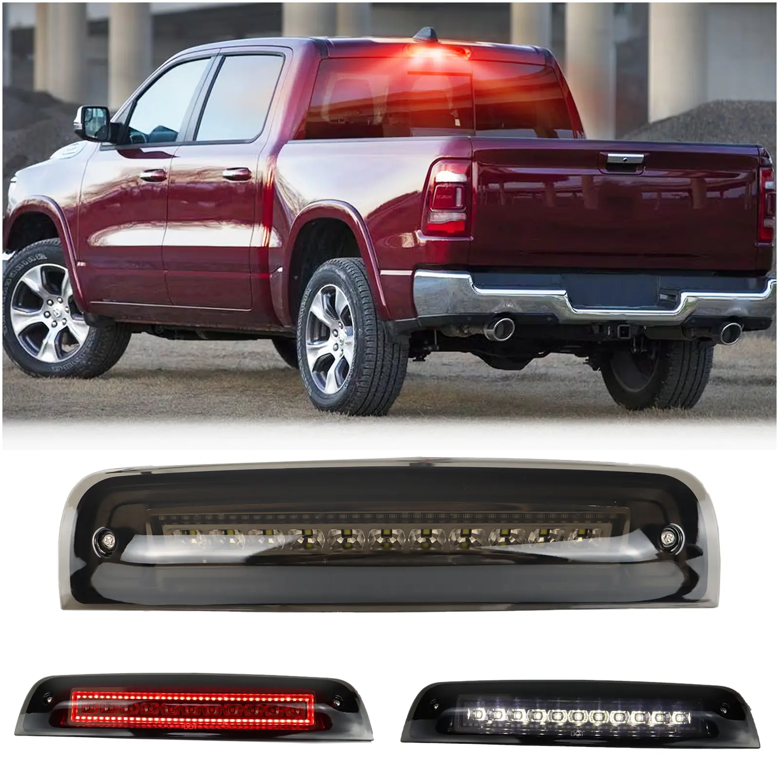 Smoked Lens LED High Mount Third Brake Light Assembly - Eco-Friendly, Plug-and-Play Car Lighting Replacement for 2009-2017 Dodge Ram 1500 Truck, 2500, 3500 Rear Center Trucks (LED High Mount Stop Light)