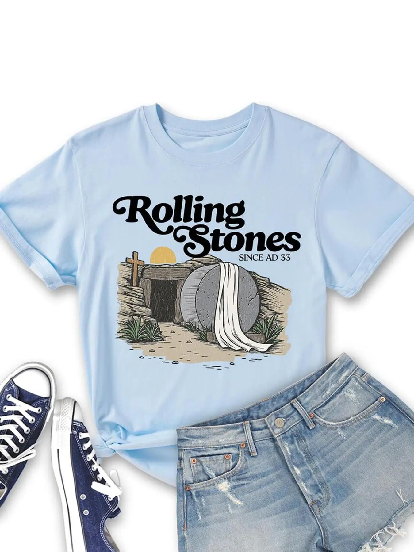 Women's Vintage Rolling Stones Print Round Neck Graphic Tee, Casual Fashion Comfy, Casual Short Sleeve T-shirt for Daily Wear, Ladies Summer Outfit, Top