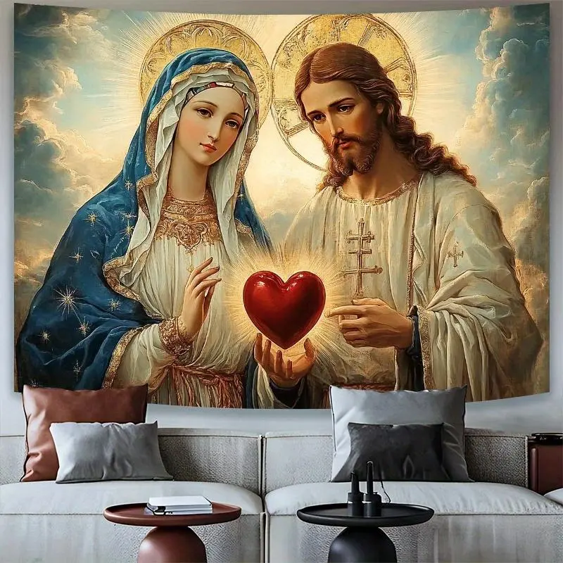 1pc Religious Inspirational Polyester Party Banner - Virgin Mary & Jesus Heart Design, Durable Indoor Wedding Arch Backdrop, No-Power-Needed White Ornaments for Holiday Decorations