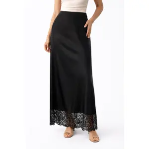 Simone Black High-Waisted Silky Maxi Skirt with Lace Hem
