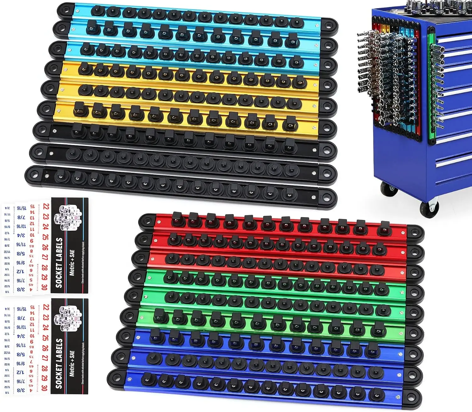 SEDY Magnetic & Socket Sets 18-Piece Heavy-Duty Organizer Holder - 1/2,3/8,1/4-Inch Aluminum Rail Racks with Spring-Snap Secure Clips, 360° Easy Access, Holds 240 Sockets for Garage Tool Storage, Automotive Accessories