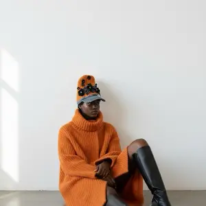 Floral Customized Beanie Hat with Black Flowers and Denim Brim for Stylish Warmth