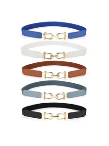 Fine Gold Double Buckle Women's Belt for Dresses and Shirts - Vintage Solid Buckle Elastic Adjustable Fine Waist Cincher Small Leather Belt for Women