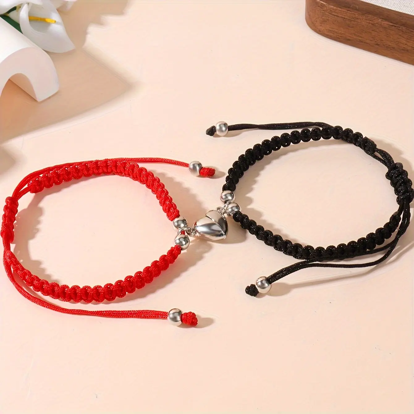 Couple's 2-Piece Magnetic Braided Heart-Shaped Bracelet Bangles Set - Double Heart Shaped Bracelets & Bangles for Valentine's Day, Everyday Wear, Matching Friendship Bracelets & Bangles
