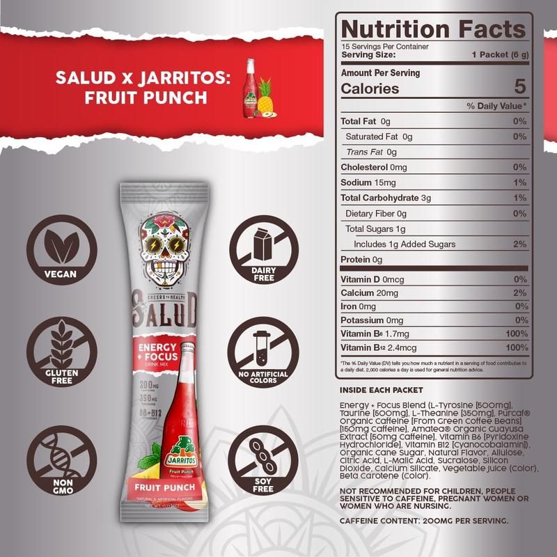 Salud x Jarritos 2-in-1 Energy Drink Powder + Focus, Fruit Punch, Organic Caffeine, B6 + B12, Theanine, Clean Energy Drink Packets, Agua Fresca Mix, Non-GMO, Gluten Free, 1g of Sugar, (15 Servings)