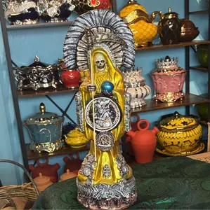Authentic Mexican Santa Muerte Aztec Style Statue, 16-in Yellow Gold Charged Spiritual Item, Home Decor Altar Decor Figurine