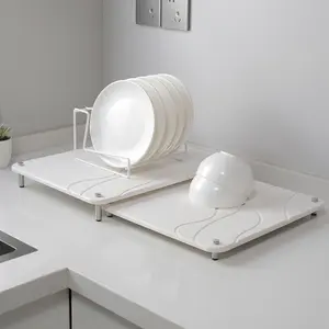 White 2PCs Large Drying Stone for Kitchen Counter Stone Dish Drying Mat with Non-slip Feet Quick Dry Mat for Efficient Drying