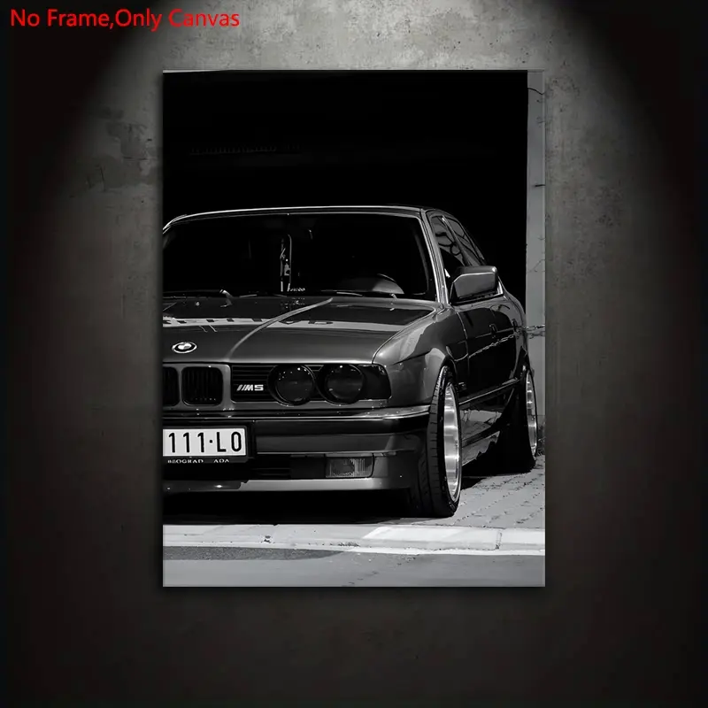 1 piece/set frameless canvas painting, Unframed wall art, retro realistic vehicle art, Vintage Car Art Prints, black classic performance car BMW M5 E34, perfect gift for vintage car enthusiasts, ideal gift for home decor, Home Decor Supplies