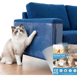 12PCS Anti Cat Scratch Furniture Protector, Heavy-Duty No-Residue Couch Protector from Cat Claws, Easy-to-Apply Clear Cat Couch Protector, Single-Sided Cuttable Sticky Sheets for Fabric Sofa