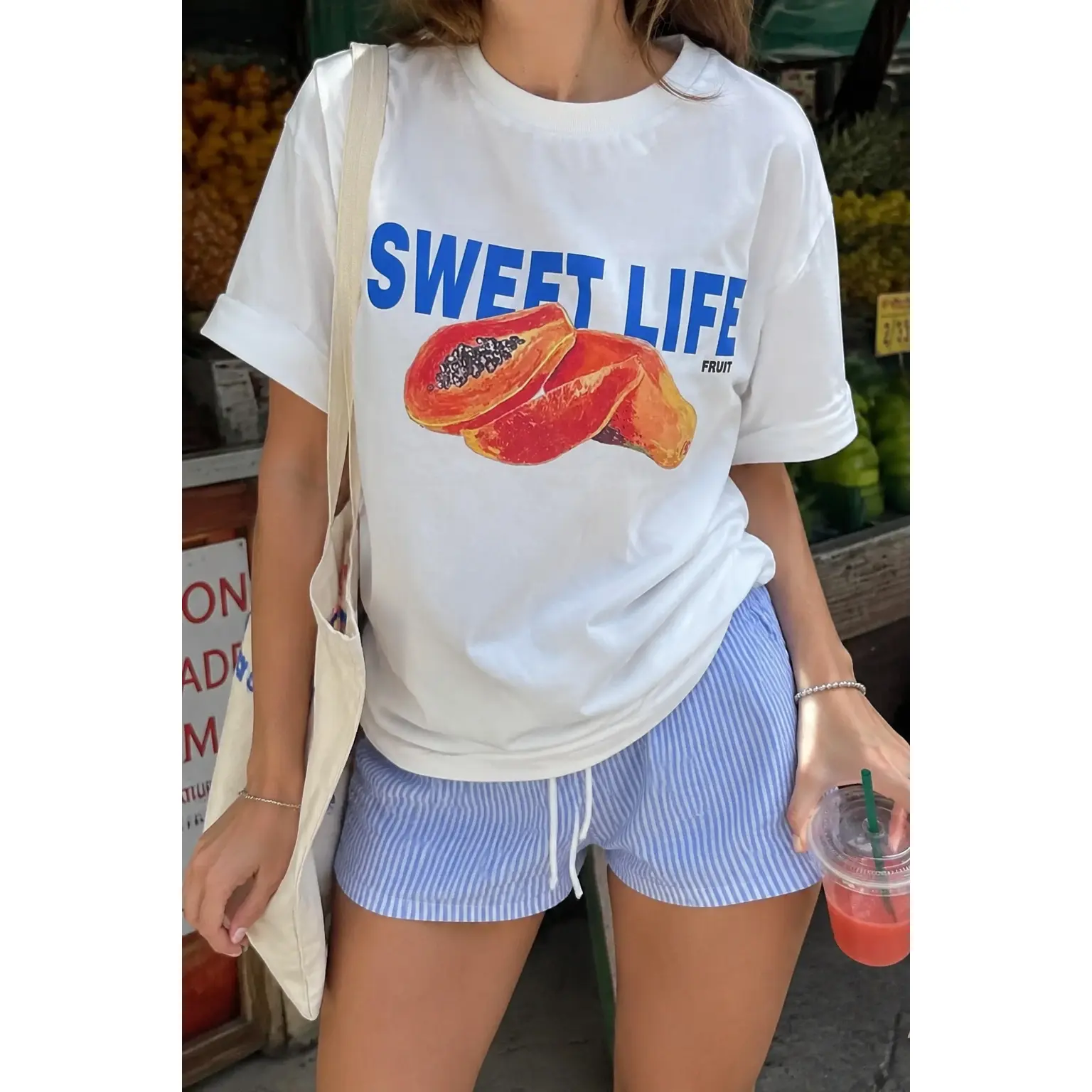 Women's Casual Loose Fit Short Sleeve T Shirt Cute Papaya Fruit Print White Soft Crew Neck Top for Summer Beach Trip Daily Outing Street Wear Comfortable Ladies Fashion Tops