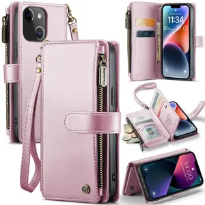 CaseMe for iPhone 14 Wallet Case with RFID Blocking Phone Case for iPhone 14 with Card Holder for Women Men Durable Kickstand Zipper Shockproof Case for iPhone 14 Pink