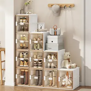 [Multi-Tier Storage Box with Lids]-Clear Foldable-space-saving compact storage-shoe box clear door,stackable shoe shelf,narrow shoe storage cabinet,dustproof storage rack,wardrobe storage organizer,closet entryway,shoe stand,shoe furniture,