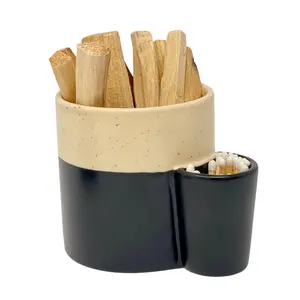 Flora Jane's Ceramic Smudge Holder in Black & Tan Matte Glazed Color with Separate Compartment for Matches or Lighter - Decor Minimalist Ornaments