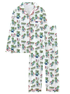 Teen Robot & Chicken Pattern Turn-Down Collar Short Sleeve Pajama Set, Comfortable Sleepwear, Cartoon Pajamas, All Seasons