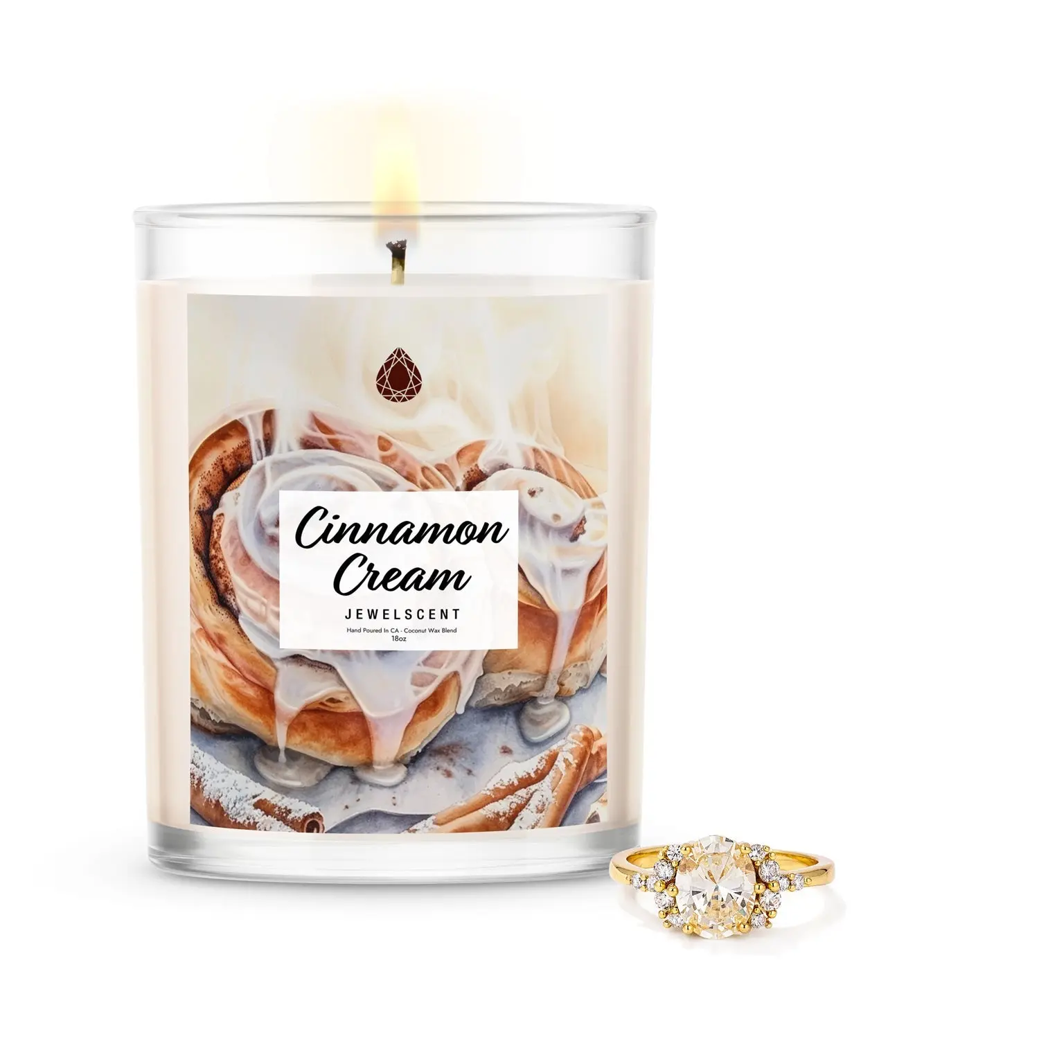 Cinnamon Cream Jewelry Candle, 18oz Natural Coconut Soy Wax with a Creamy Vanilla Scent and Hidden Jewel Inside
