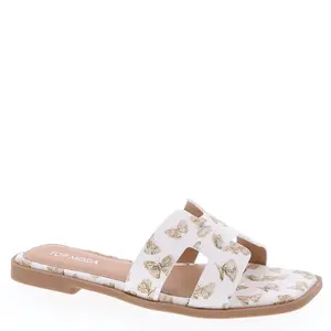 Hailee - Women's Square Toe Slippers Faux Leather Slide Sandals with Butterflies Pattern