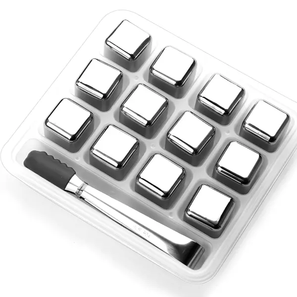 12-Pack Food Grade Corrosion Resistant Reusable Stainless Steel Ice Cubes - Metal Whiskey Stones with High Cooling Tech, Silicone Tongs Set for Whiskey, Wine, Drink, Perfect Gift for Everyone, Food Grade Materials