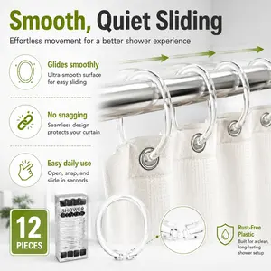 12PCS Transparent O-Ring Shower Curtain Rings, Large Plastic Shower Curtain Hooks with Easy Snap Closure, Durable Smooth Sliding Curtain Hangers for Bathroom Shower Rod, Home Hotel Apartment Dorm Gym Locker Room Shower Curtain Accessories