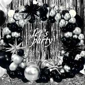 149pcs Black and Silver Balloon Arch Wreath Set with Exploding Stars - Ideal for Graduation, Birthday, and Anniversary Celebrations, Includes "Let'S Party" Sign, Graduation Decoration