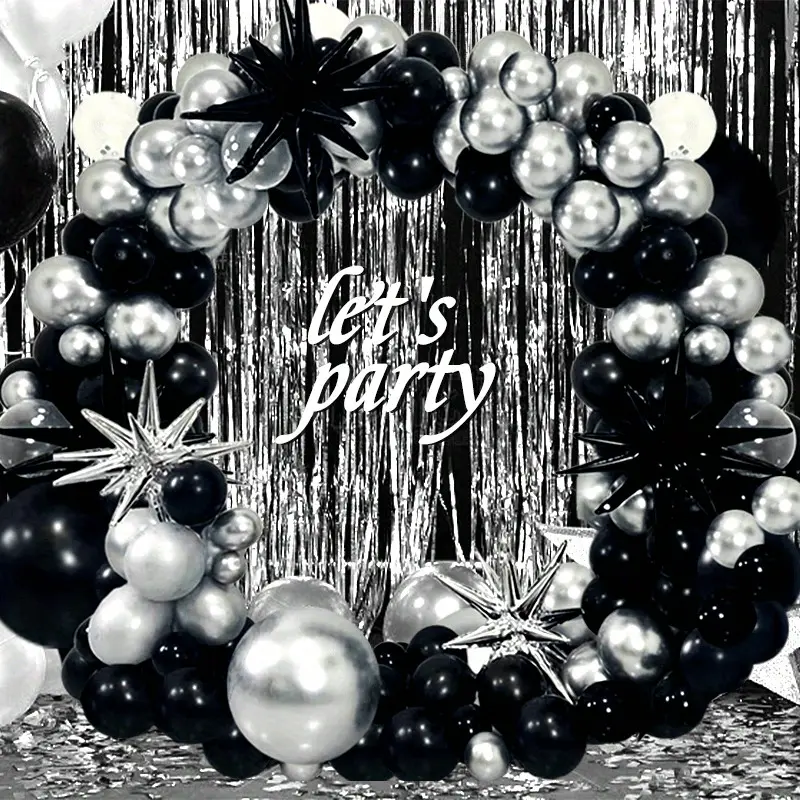 149pcs Round Black and Silver Balloon Arch Wreath Set with Exploding Stars - Includes "Let's Party" Sign, Ideal for Graduation, Birthday Celebrations