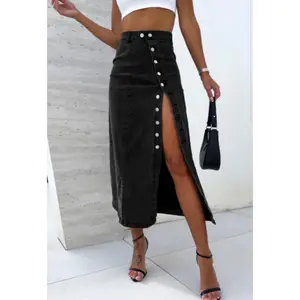 Black Button Fly Side Split High Waist Denim Midi Skirt