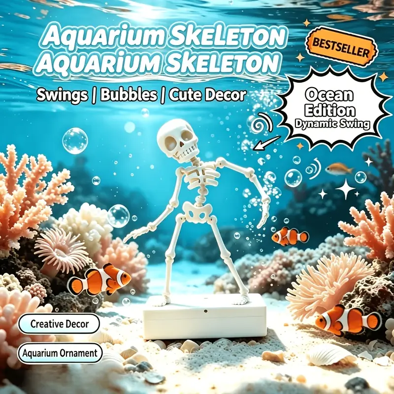 Dancing Skeleton Aquarium Decor, Air Driven Bubble Action Fish Tank Ornament, Movable Underwater Skeleton Figurine with Stable Base, Durable Decor for Freshwater Saltwater Aquarium Landscape Halloween Spooky Home Desktop Decoration