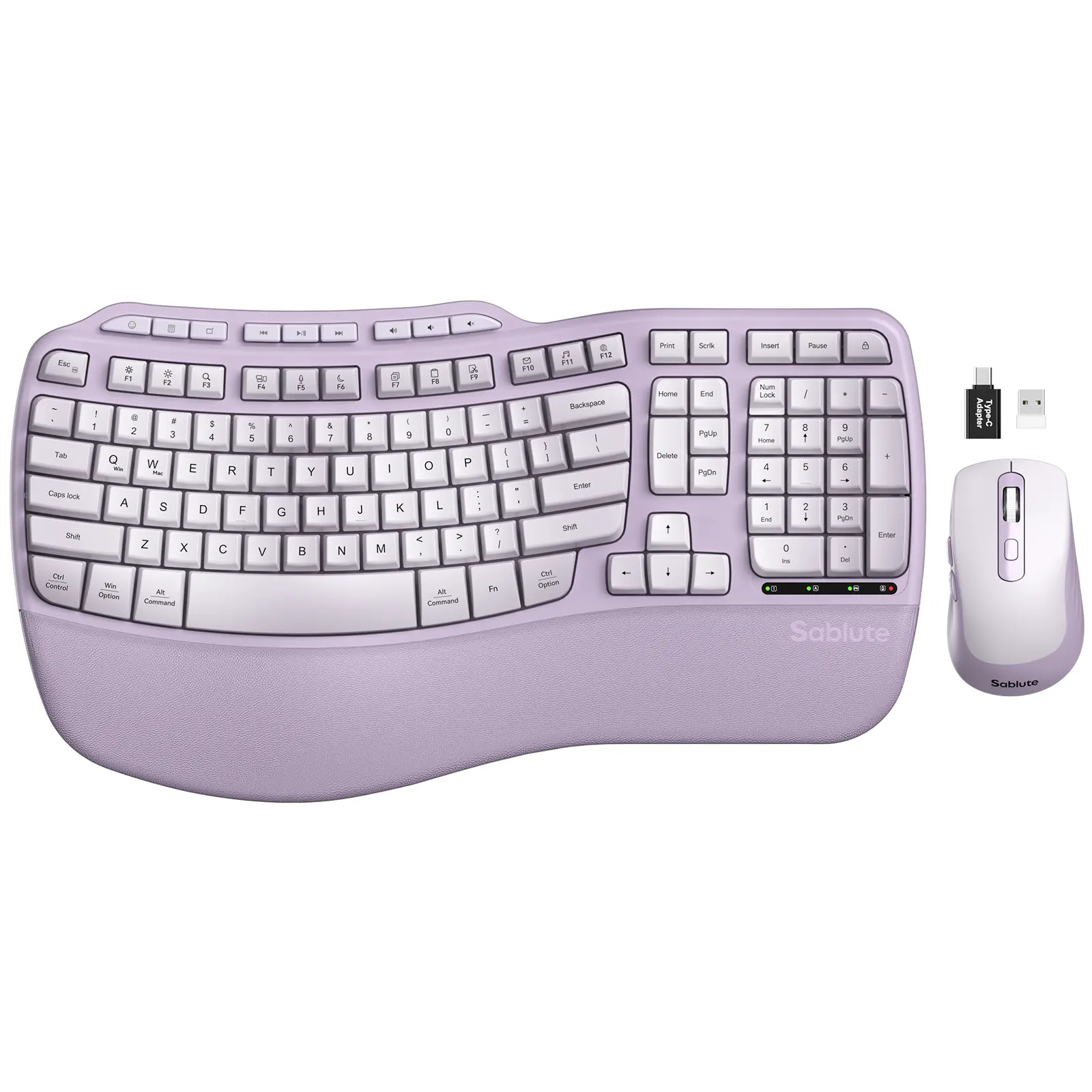 Ergonomic Wireless Keyboard and Mouse Combo, 2.4G Full Size Wave Key board with Cushioned Palm Rest, Natural Typing, 3 DPI Adjustable Mouse, USB-A & C for Computer/Laptop/Mac/Tablet - Sablute MA31