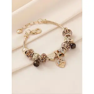 Women's Leopard Print Beaded Bracelet with Bow, Heart, Clover and Tiger Eye Stone, Trendy Fashion Jewelry, Heart Shaped Bracelet, Heart Charm Bracelet, Copper Bracelets, Perfect for Parties, Nights Out and Daily Wear