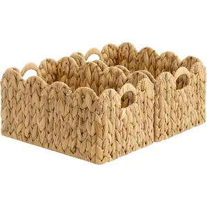Scalloped Water Hyacinth Baskets, Hand-woven Rattan Baskets with Built-in Handles, Cute Baby Basket for Nursery, Basket for Organizing and Decor, 13"L x 8¼"W x 7"H
