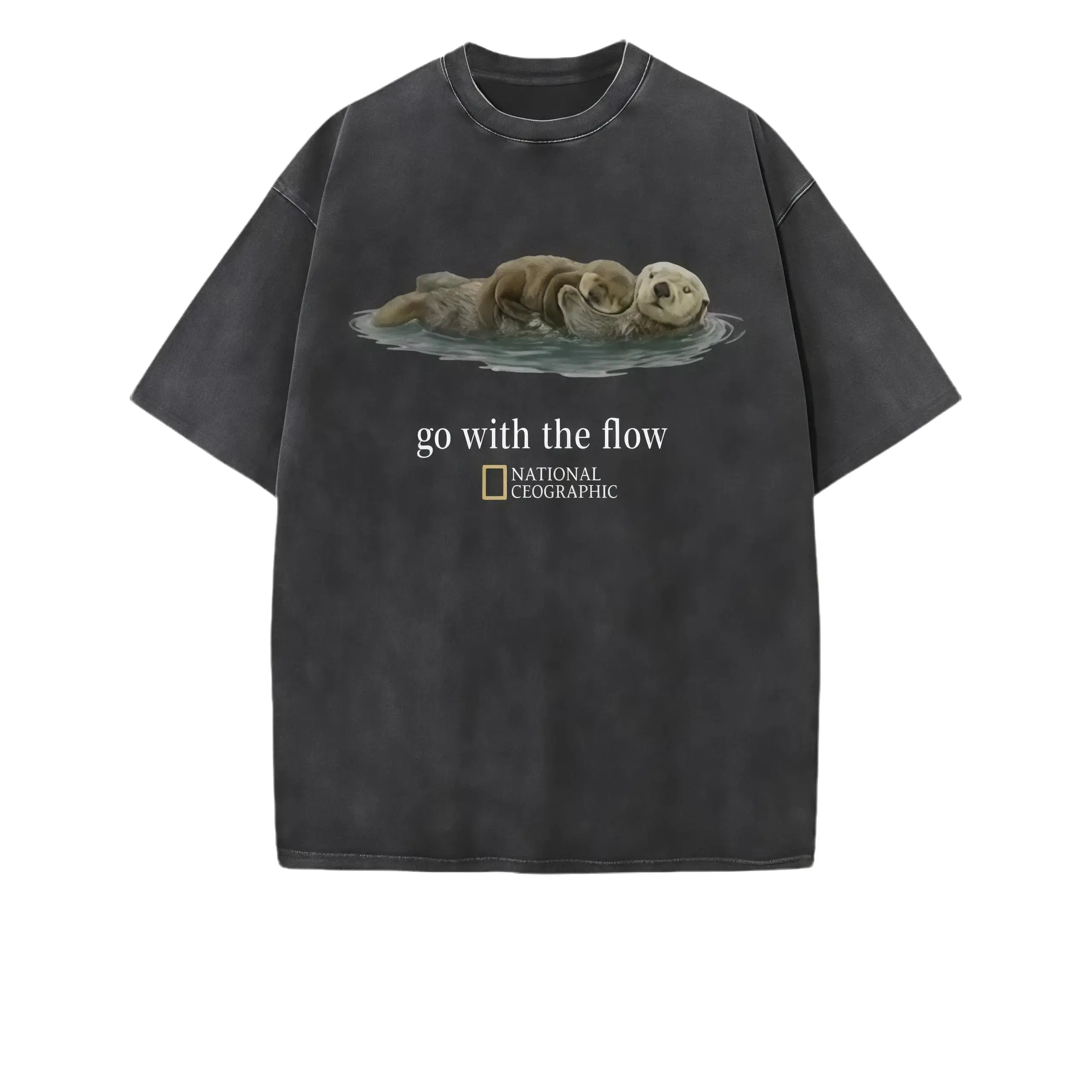 National Geographic "Go with the Flow" Unisex T-Shirt, Gift，Fitness Retro Thick Cotton Sports Washed Loose T-Shirt graphic Casual Tshirt
