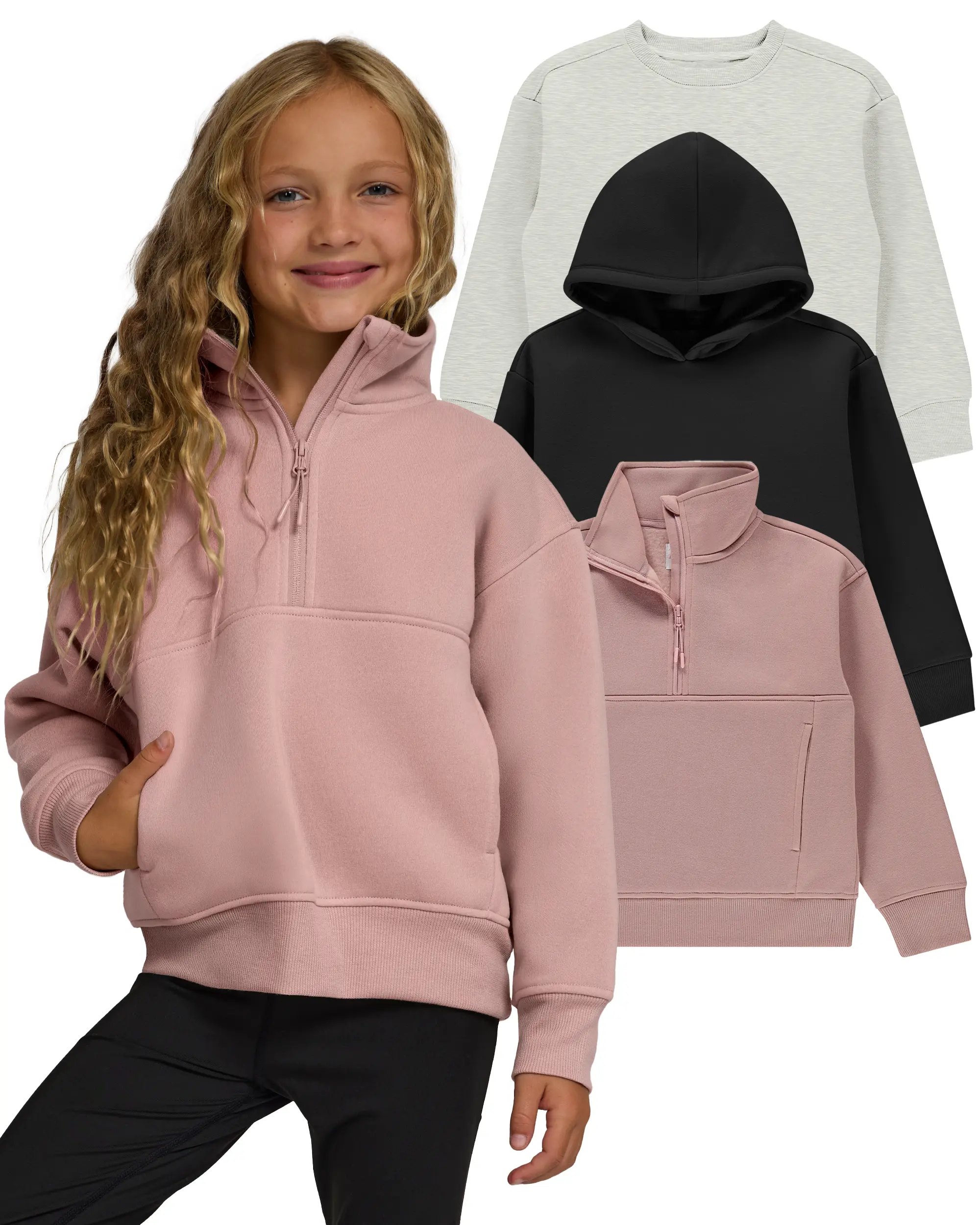 PURE CHAMP Girls' 3-Pack Fleece Sweatshirts - Ultra Soft Cozy Crewneck, Kangaroo Pocket Hoodie & Quarter-Zip Pullover, Girls Sweatshirts with Pockets, Comfortable Relaxed Fit, Durable Anti-Pilling Fabric for School & Everyday, Fleece Sweatshirt Set