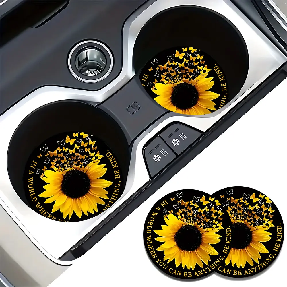 Sunflower Pattern Car Coaster, Round Anti-slip Car Cup Holder Coaster, Decorative Car Cup Holder Pad, Universal Car Accessories Cute for Women & Men, Car Interior Decoration, Aesthetic Car Accessory, Car Interior Accessory