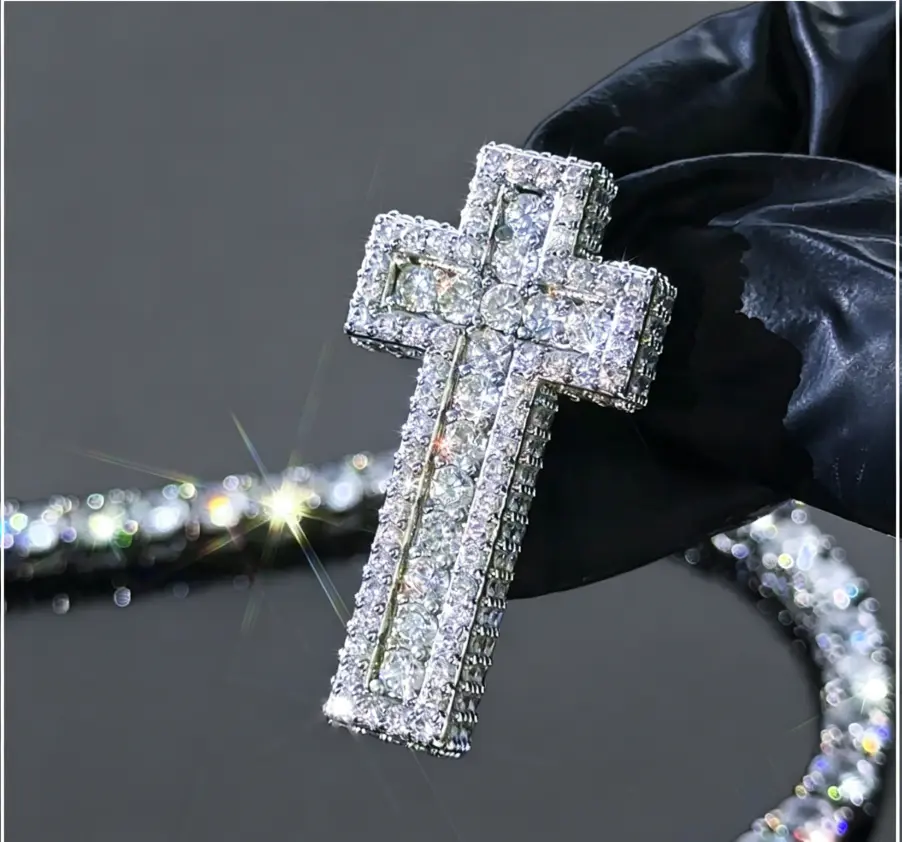 Iced Out Double Cross Pendant with 3mm 24inches Rope Chain