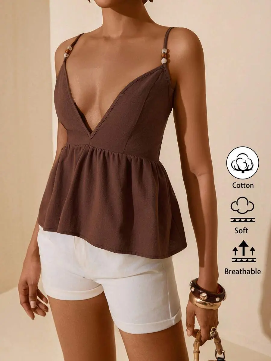 Ember x [FS] Vesra Women's Summer Casual Beaded Decor Faux Linen Camisole
