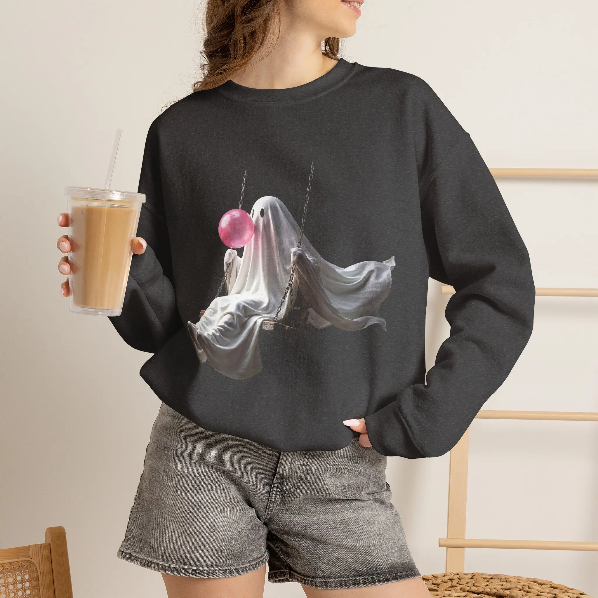 Ghost on Swing with Bubblegum Sweatshirt | Spooky Cute Halloween Crewneck