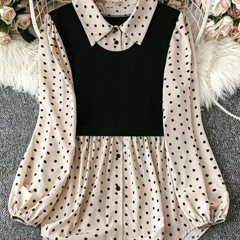 Plus Size Women's Polka Dot Blouse, Fitted Long Sleeve Casual Comfy Shirt Classy Top for Fall, Comfortable Daily Wear for Holiday, Casual Bishop Sleeve, Fashionable Blouse