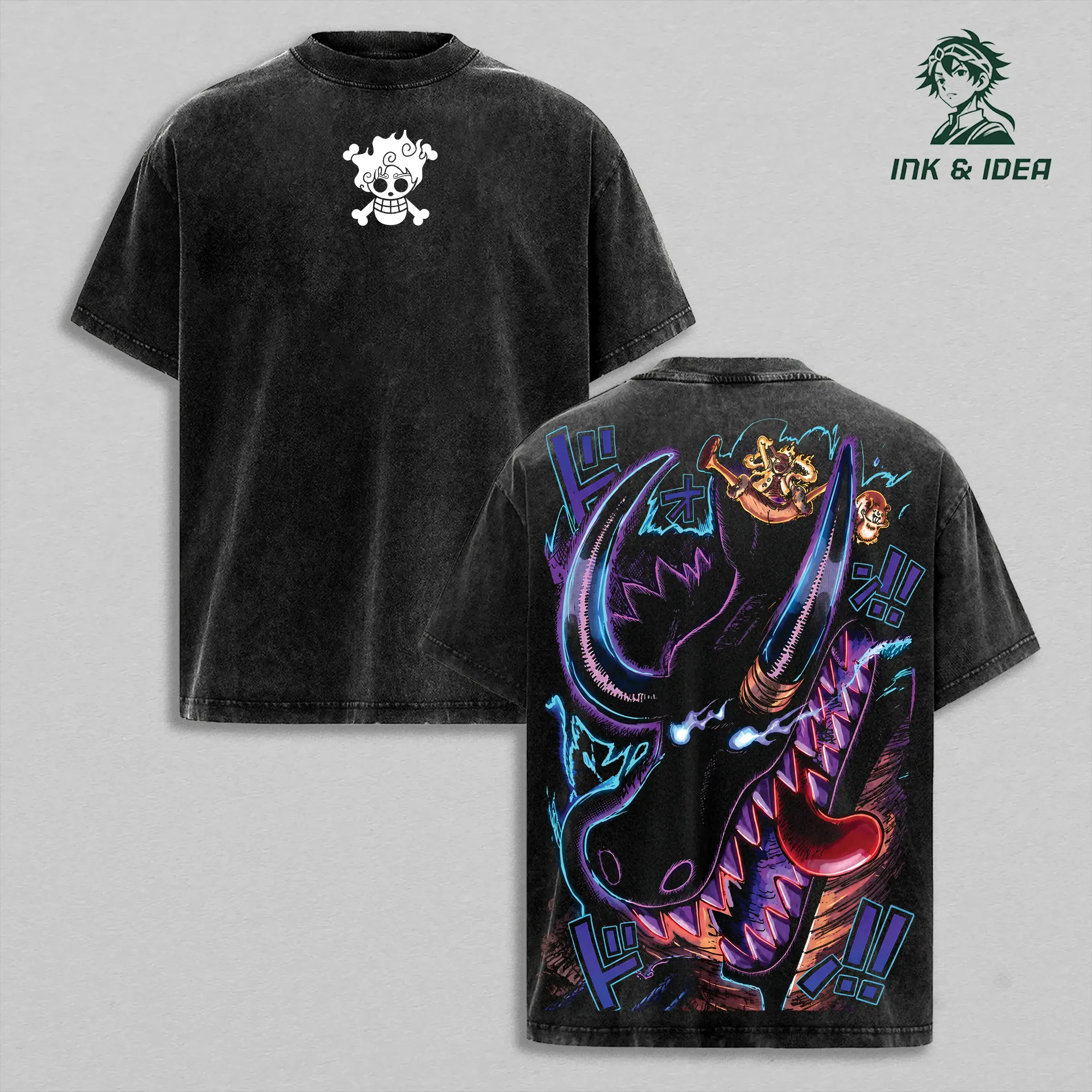 Oversized Anime Graphic T-Shirt, Unisex Heavy Cotton Tee featuring Loki vs Sun God Elbaf Battle, Vintage Washed Streetwear for All Seasons