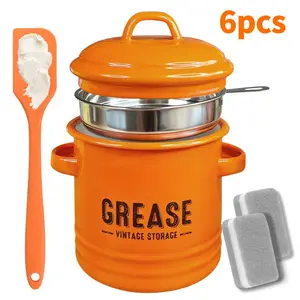 Grease Container with Strainer & Food-Grade Silicone Spatula& Silicone brush.Keeper, Kitchen Oil Dispenser with strainer & Lid, Olive Oil Dispenser, Bacon Grease Container,Large Enamel Rustic Farmhouse Fat Container.Kitchen Gadgets Clearance