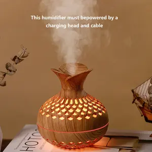 USB Powered Hollow Flower Design Air Humidifier for Bedroom, Wood Pattern Aromatherapy Machine with LED Light, Portable Mini Maker For Home & Office, Scent Humidifier