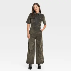 Women's Holiday Short Sleeve Flocked Denim Jumpsuit - Universal Thread