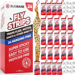 Fly Strips Indoor Sticky Hanging 24pk with Pins. Non Toxic Outdoor Fly Trap Indoor for Home. Flies Tape Paper Trap Ribbon Roll for House Gnat Fruit and Housefly. Bug Catchers for Inside Home Flypaper Pack