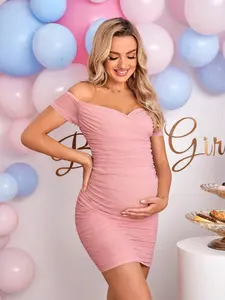 Gender Reveal Dress Maternity Off-Shoulder Ruched Bodycon Dress for Pregnant Women - Baby Shower Dress Floral Mesh