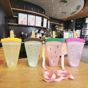 Cute Watermelon Shaped Plastic Water Bottle with Straw Kawaii Children Leakproof Drinking Bottles Gym Outdoor Sports Kettle