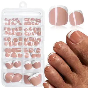 Short French Tip Press on Toenails, 120pcs/set Full Cover Glossy Nude Toe Nails, Acrylic Press ons Short Square Fake Toe Nails Tips for Women Girls